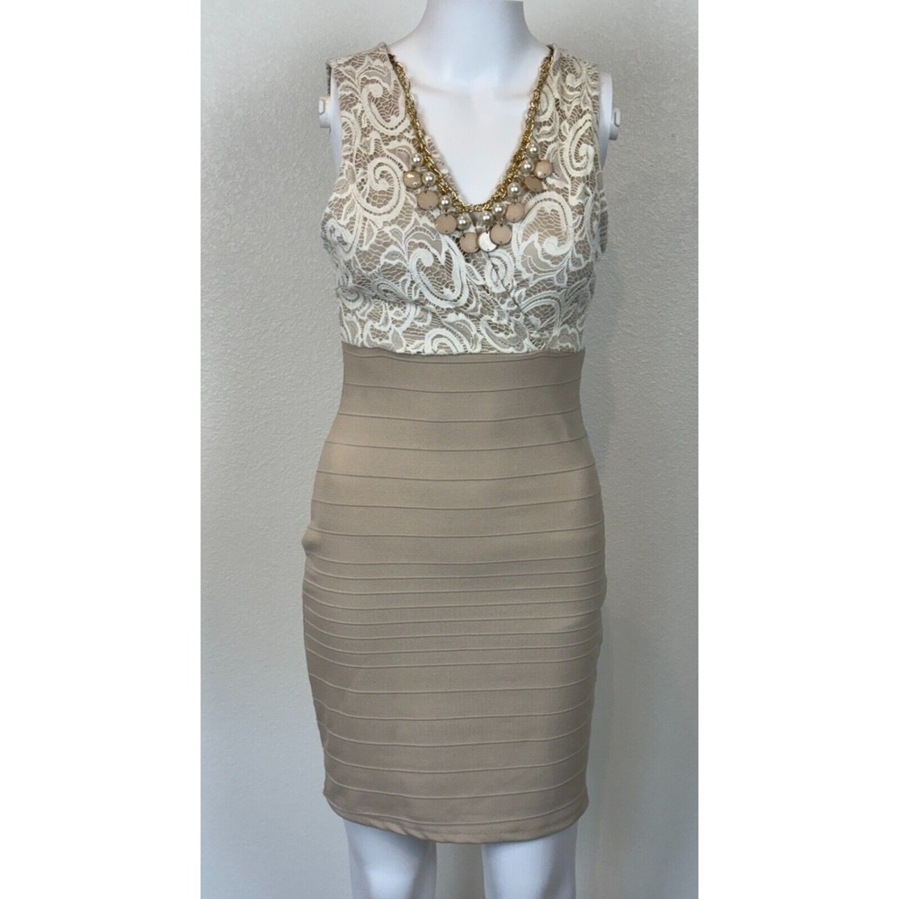 Papaya Sleeveless Bodycon Midi Dress‎ Size M Beige Lace Bodice Attached Necklace